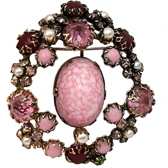 Vintage Schreiner New York Brooch Mid Century Pink Cabochon Rhinestones, Pearls - Picture 2 of 9